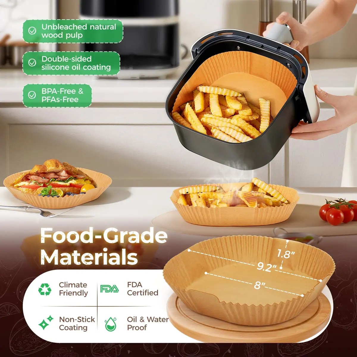 ctizne Air Fryer Liners Disposable 8" Square | Leak-Proof, Food-Grade, 100Pcs for 5-8 QT - view 2