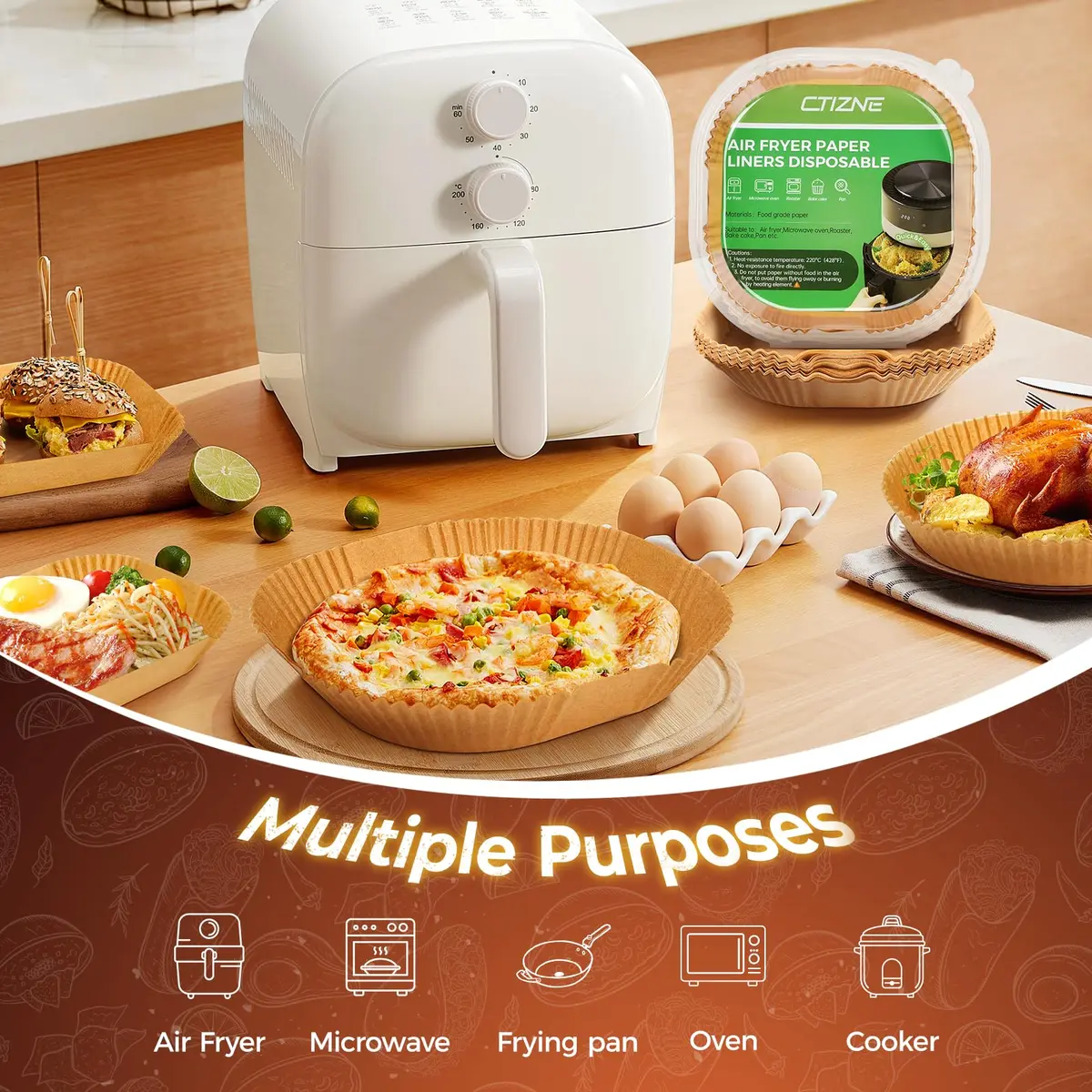ctizne Air Fryer Liners Disposable 8" Square | Leak-Proof, Food-Grade, 100Pcs for 5-8 QT - view 4