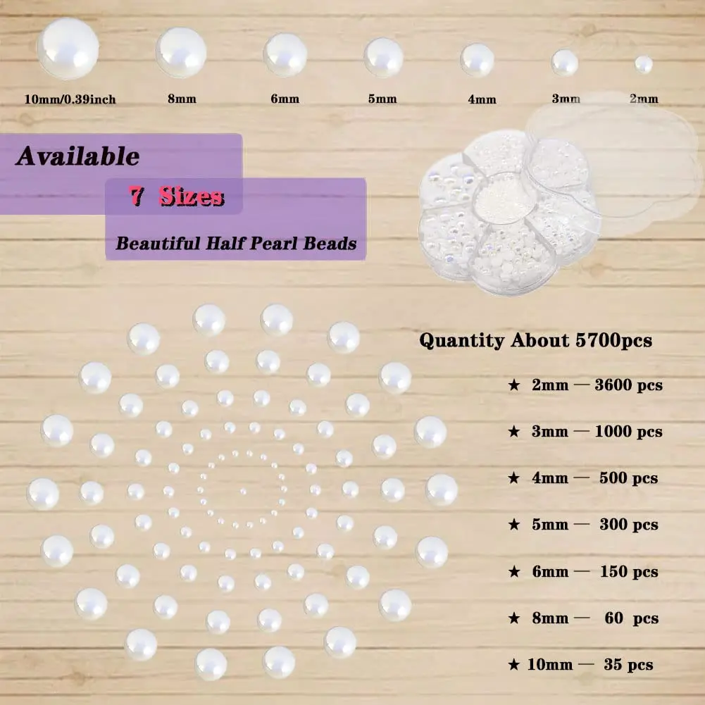 BrainKer 5700 Pcs Craft Bead Half Flatback Pearls | Acrylic White Jewelry & Nail Art (70-120c) - view 2