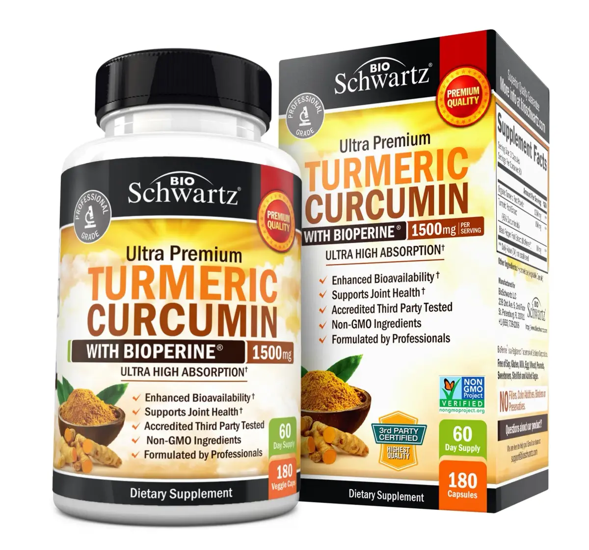 BioSchwartz Turmeric Curcumin with Black Pepper Extract 1500mg 180 Capsules | Advanced Formula for Absorption & Joint Support - main product image