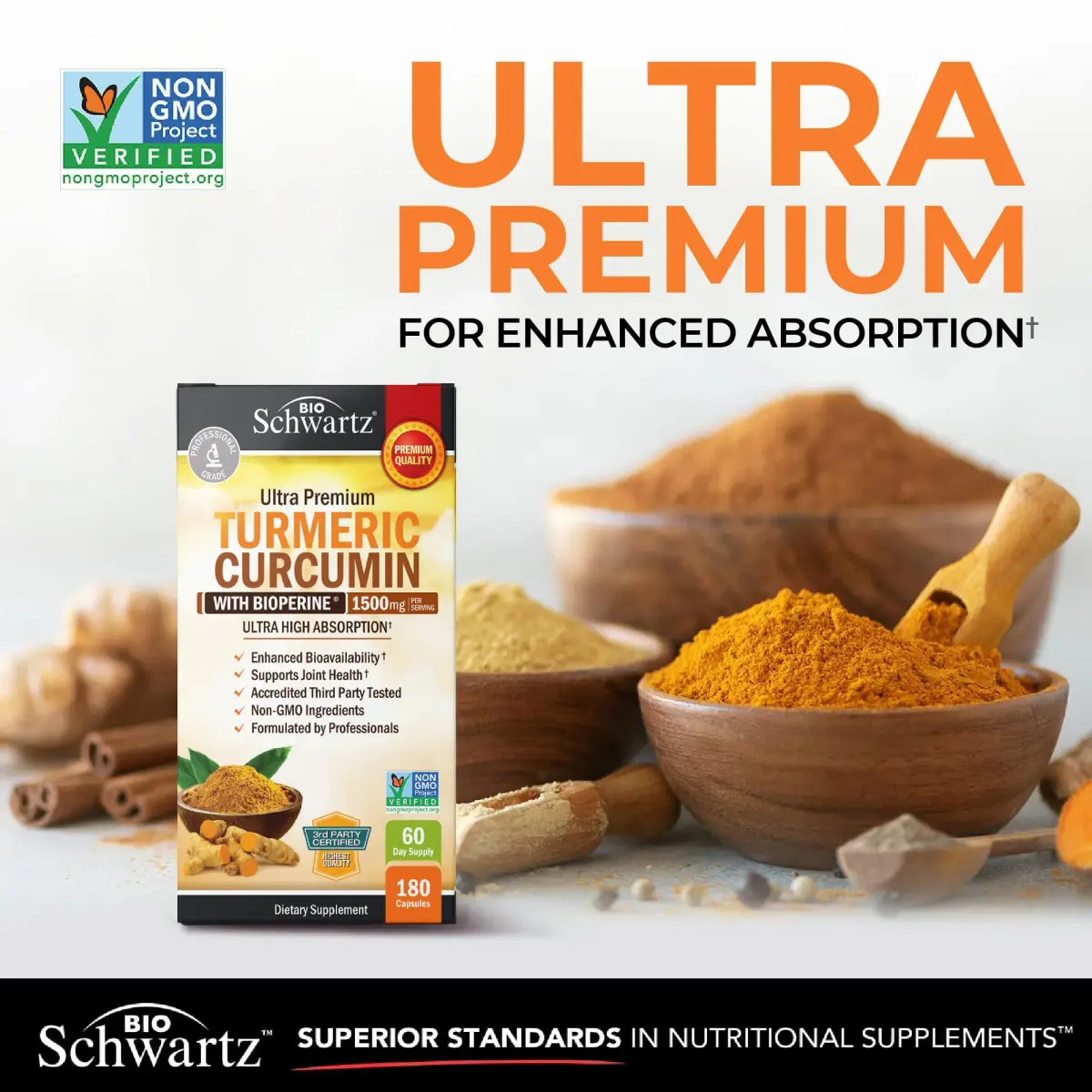 BioSchwartz Turmeric Curcumin with Black Pepper Extract 1500mg 180 Capsules | Advanced Formula for Absorption & Joint Support - view 3