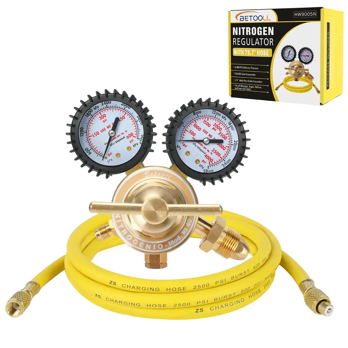 BETOOLL Nitrogen Regulator - Gauge with 78.7" Hose, 0-600 PSI Brass Inlet Outlet | Accurate Pressure Control - main product image