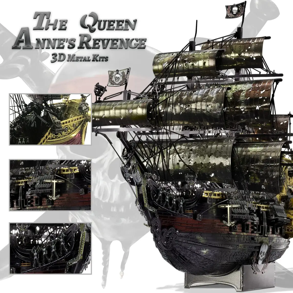 Piececool Queen Anne's Revenge Pirate Ship 3D Metal Puzzle Model Kit | 439 Pieces, Stainless Steel - view 4