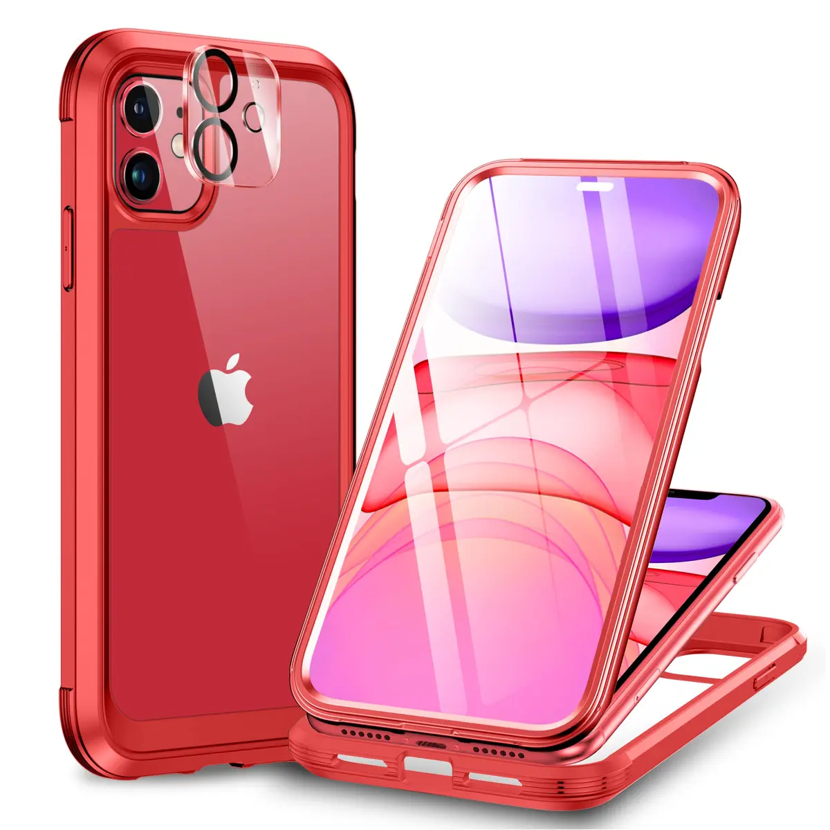 Miracase Glass Series for iPhone 11 Case 6.1 inch | Rugged Full-Body Bumper with Tempered Glass & Camera Protector, Red - main product image