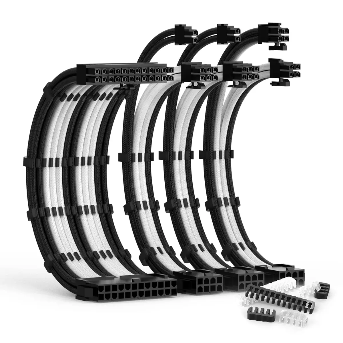 ABNO1 PSU Cable Extension Kit 30cm (11.8in) | Black/White Sleeved Braided PC Power Cables - main product image