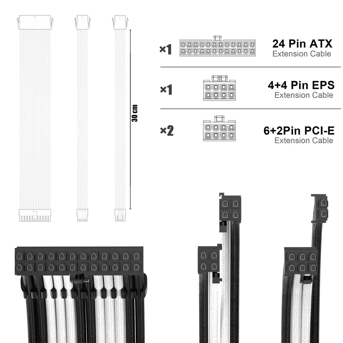 ABNO1 PSU Cable Extension Kit 30cm (11.8in) | Black/White Sleeved Braided PC Power Cables - view 3