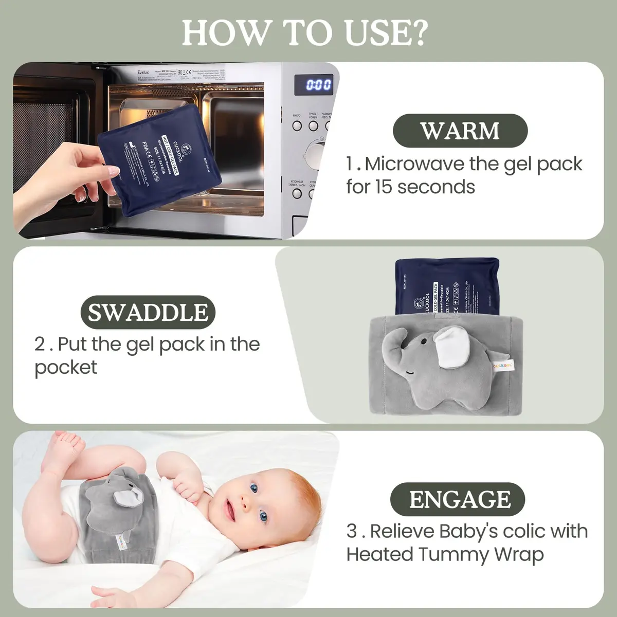 Cuckool Baby Colic and Gas Relief Heated Tummy Wrap with Gel Pack | 15.5-22 Inch Waist - view 6