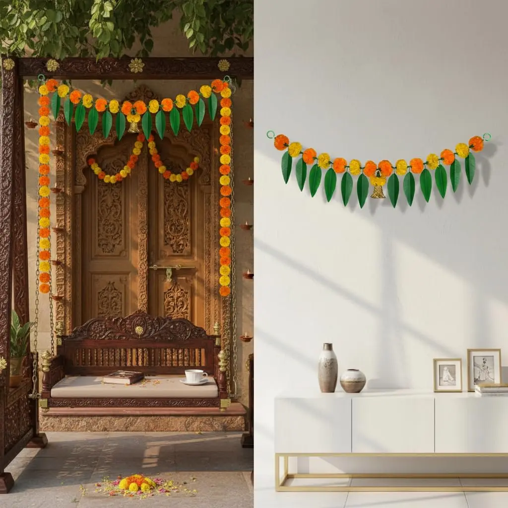iHandikart Marigold Flowers with Mango Leaf Door Hanging Toran 96.5x20.3 cm (38x8 inch) Pack of 1 | Traditional Festival Decoration - view 6
