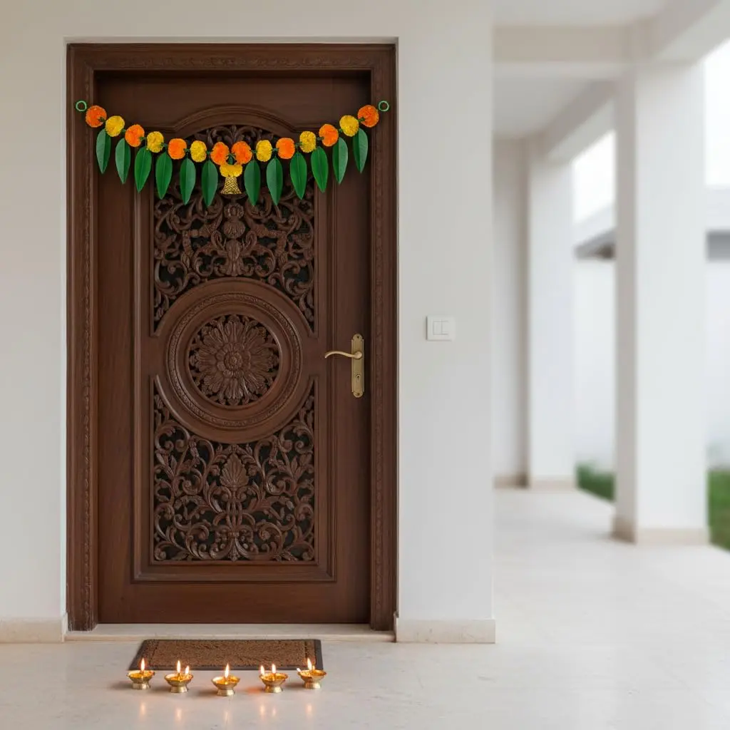 iHandikart Marigold Flowers with Mango Leaf Door Hanging Toran 96.5x20.3 cm (38x8 inch) Pack of 1 | Traditional Festival Decoration - view 7