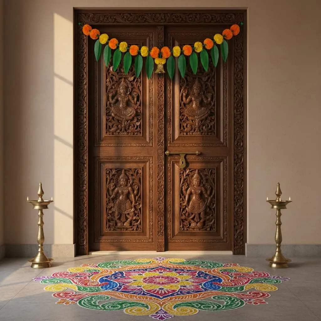 iHandikart Marigold Flowers with Mango Leaf Door Hanging Toran 96.5x20.3 cm (38x8 inch) Pack of 1 | Traditional Festival Decoration - view 2