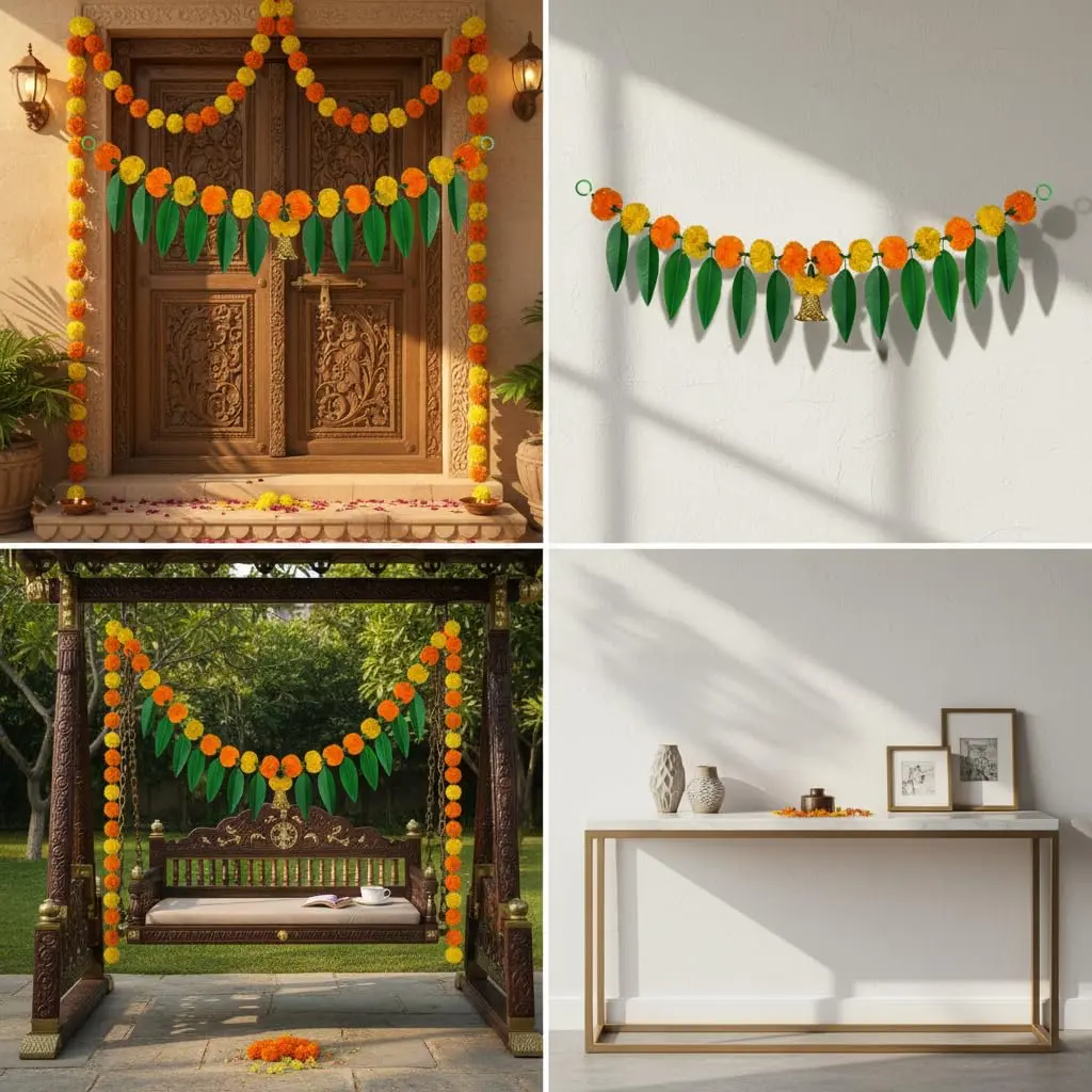 iHandikart Marigold Flowers with Mango Leaf Door Hanging Toran 96.5x20.3 cm (38x8 inch) Pack of 1 | Traditional Festival Decoration - view 8