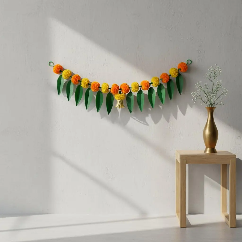 iHandikart Marigold Flowers with Mango Leaf Door Hanging Toran 96.5x20.3 cm (38x8 inch) Pack of 1 | Traditional Festival Decoration - view 3