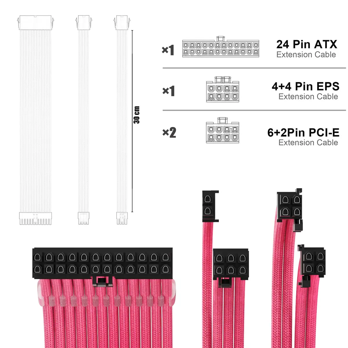 ABNO1 PSU Extension Cable Kit With Cable Combs - 30cm (11.8") Length, Pink Sleeved Cables | Triple Layer Weaving for ATX Power Supply - view 3