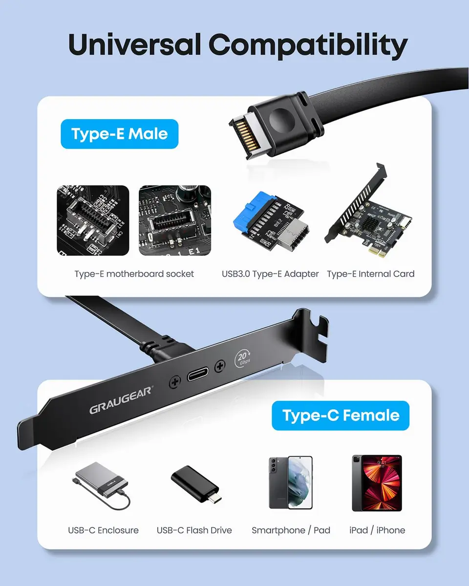 GRAUGEAR 20Gbps USB-C Front Panel Extension Cable 60cm (23.6 Inch) | Adds USB 3.2 Gen 2x2 Type-E Port with PCIe Bracket - view 7