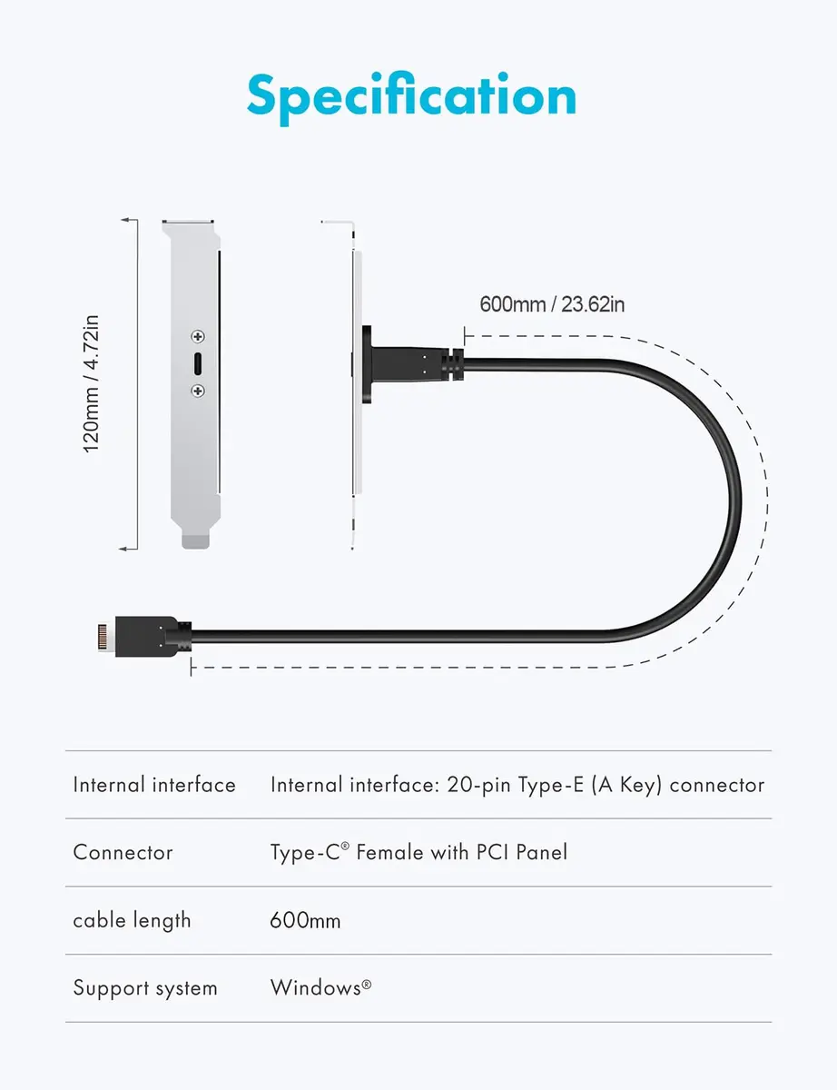 GRAUGEAR 20Gbps USB-C Front Panel Extension Cable 60cm (23.6 Inch) | Adds USB 3.2 Gen 2x2 Type-E Port with PCIe Bracket - view 8