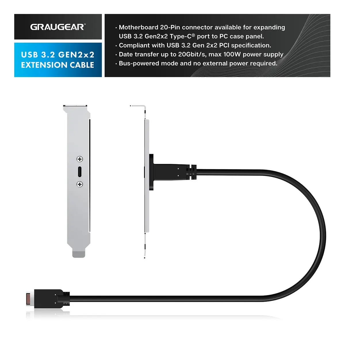 GRAUGEAR 20Gbps USB-C Front Panel Extension Cable 60cm (23.6 Inch) | Adds USB 3.2 Gen 2x2 Type-E Port with PCIe Bracket - view 2