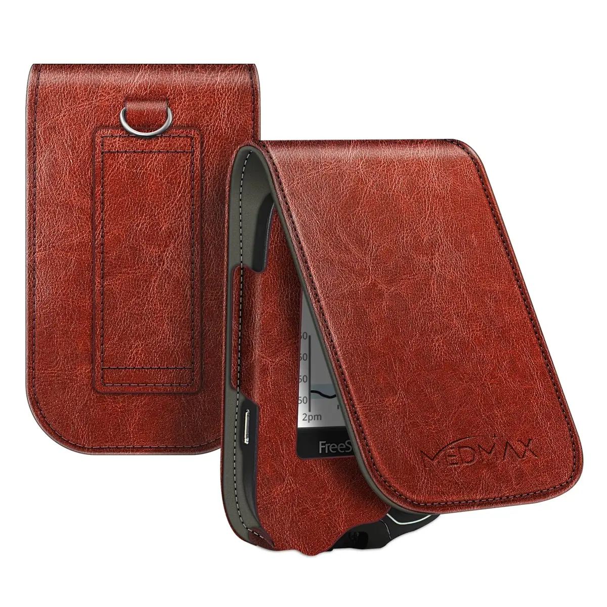 MEDMAX PU Leather Protective Case for Freestyle Libre 3 2 / Reader, Shockproof Diabetic Storage Carrying Case with Carabiner Clip & Handle (Brown) - main product image