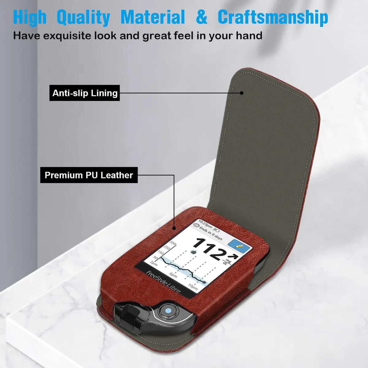 MEDMAX PU Leather Protective Case for Freestyle Libre 3 2 / Reader, Shockproof Diabetic Storage Carrying Case with Carabiner Clip & Handle (Brown) - view 5