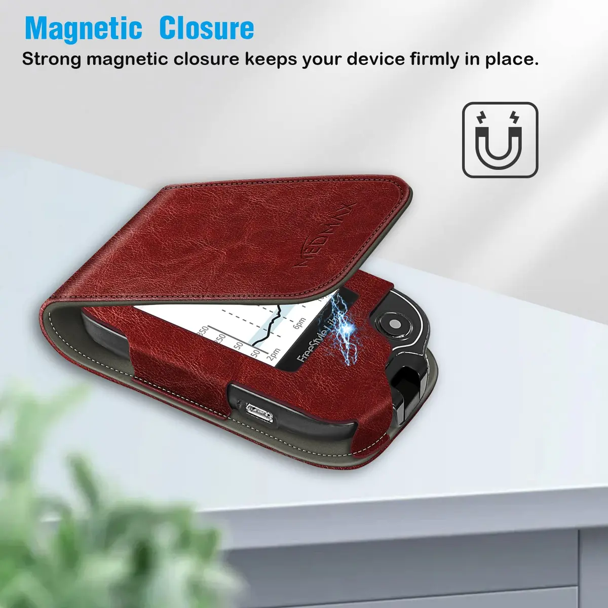 MEDMAX PU Leather Protective Case for Freestyle Libre 3 2 / Reader, Shockproof Diabetic Storage Carrying Case with Carabiner Clip & Handle (Brown) - view 4