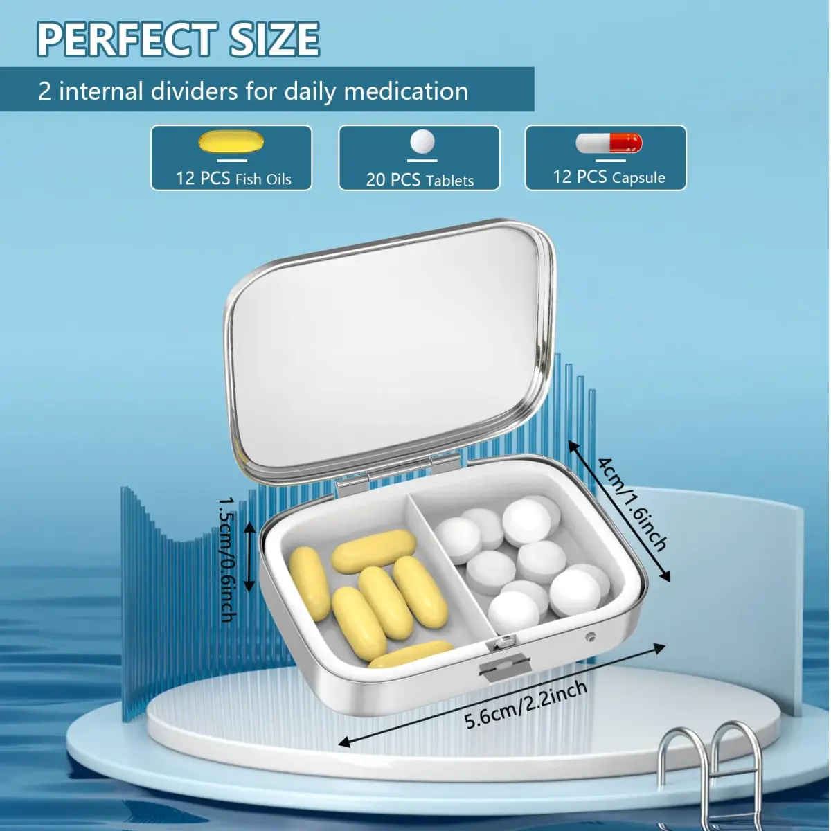 Hion 2 Compartment Pill Box 5.5cm (2.2") | FDA Approved Metal Organizer for Daily Vitamins - view 3