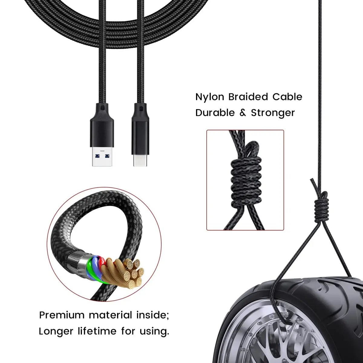 weishan USB C to USB Cable with Adapter, 2m (6.6ft) Black Braided Cord for Focusrite Scarlett Solo 3rd 4th Gen, 2i2 4th Gen | 10Gbps Data Transfer - view 5