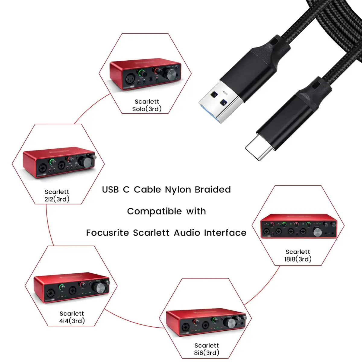 weishan USB C to USB Cable with Adapter, 2m (6.6ft) Black Braided Cord for Focusrite Scarlett Solo 3rd 4th Gen, 2i2 4th Gen | 10Gbps Data Transfer - view 2