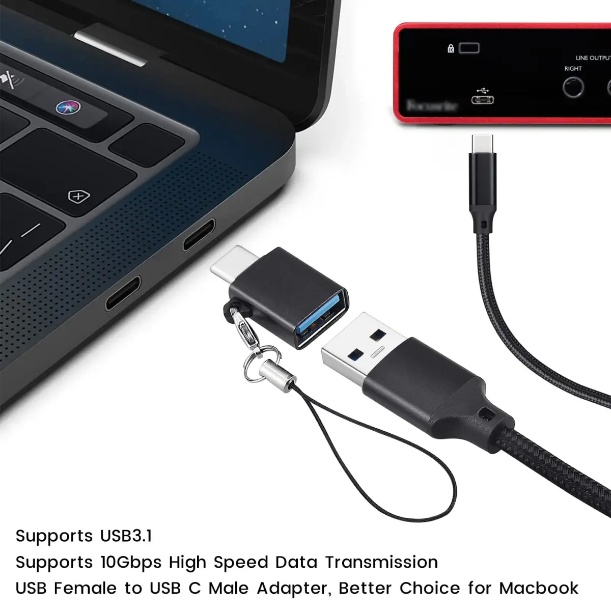 weishan USB C to USB Cable with Adapter, 2m (6.6ft) Black Braided Cord for Focusrite Scarlett Solo 3rd 4th Gen, 2i2 4th Gen | 10Gbps Data Transfer - view 3