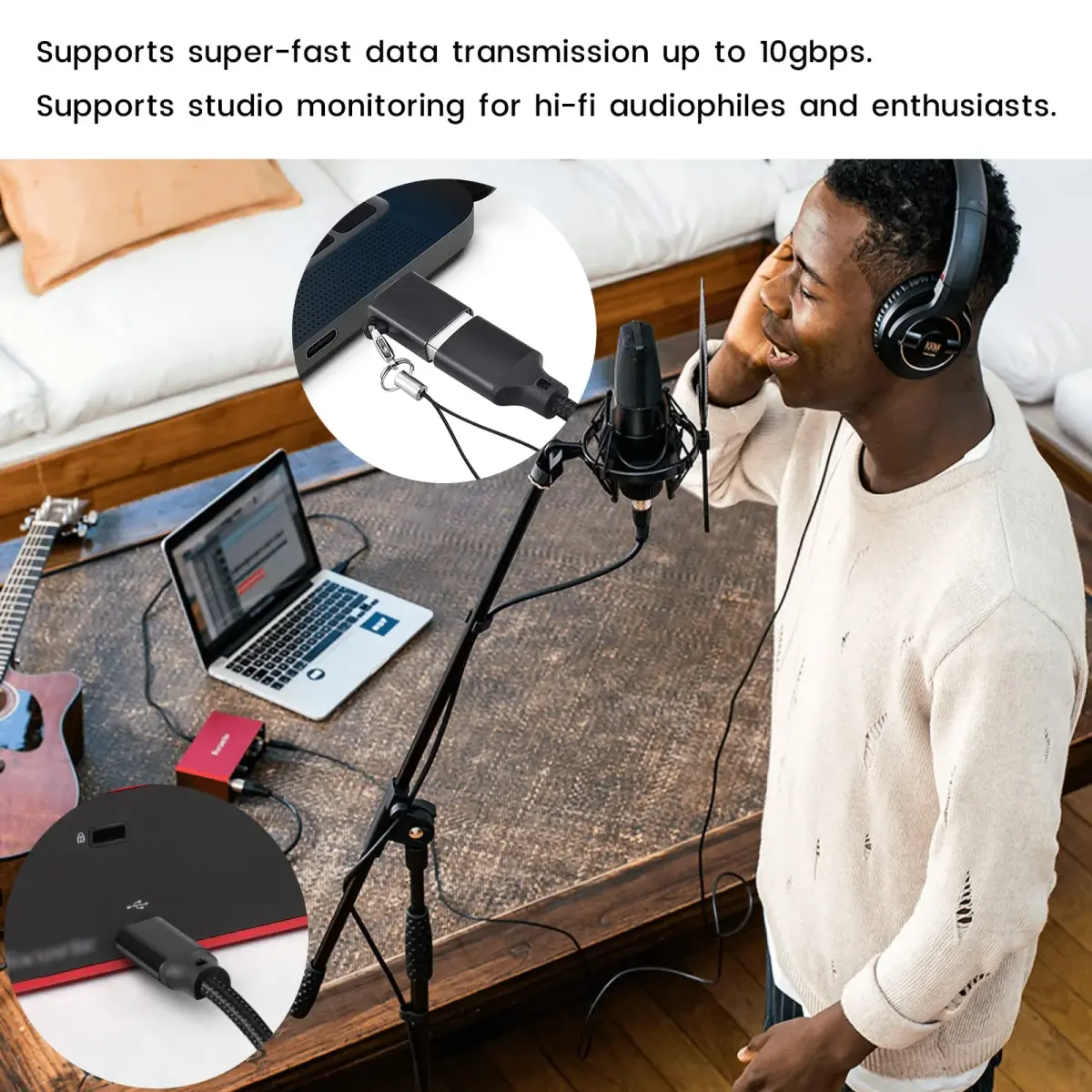 weishan USB C to USB Cable with Adapter, 2m (6.6ft) Black Braided Cord for Focusrite Scarlett Solo 3rd 4th Gen, 2i2 4th Gen | 10Gbps Data Transfer - view 4