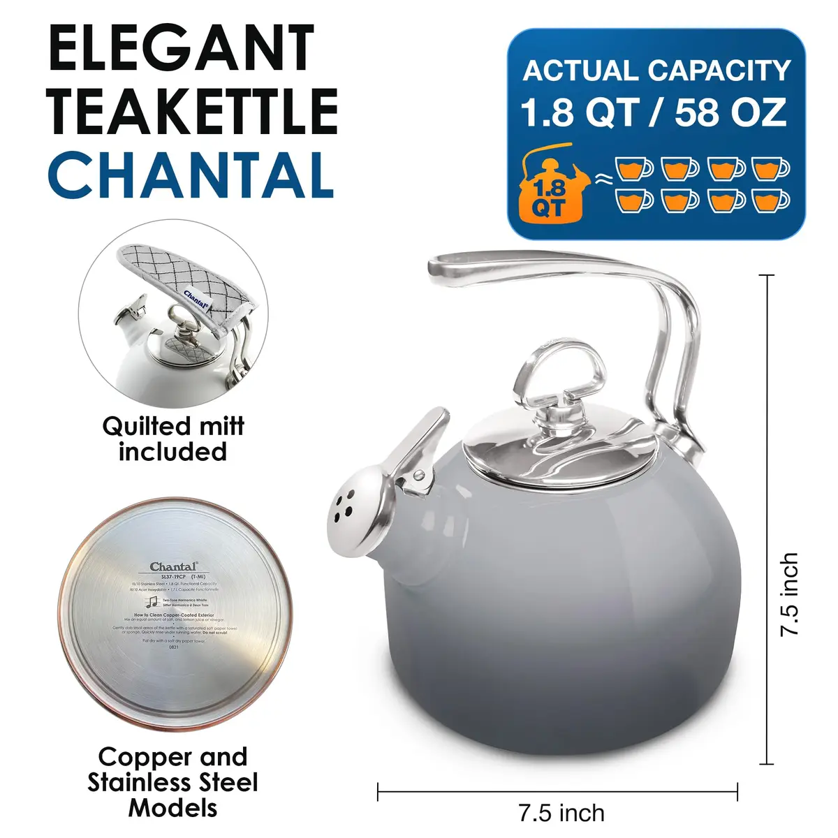 Chantal Enamel On Steel Classic Teakettle 1.8 Quarts | Timeless Design with Harmonica Whistle - view 3