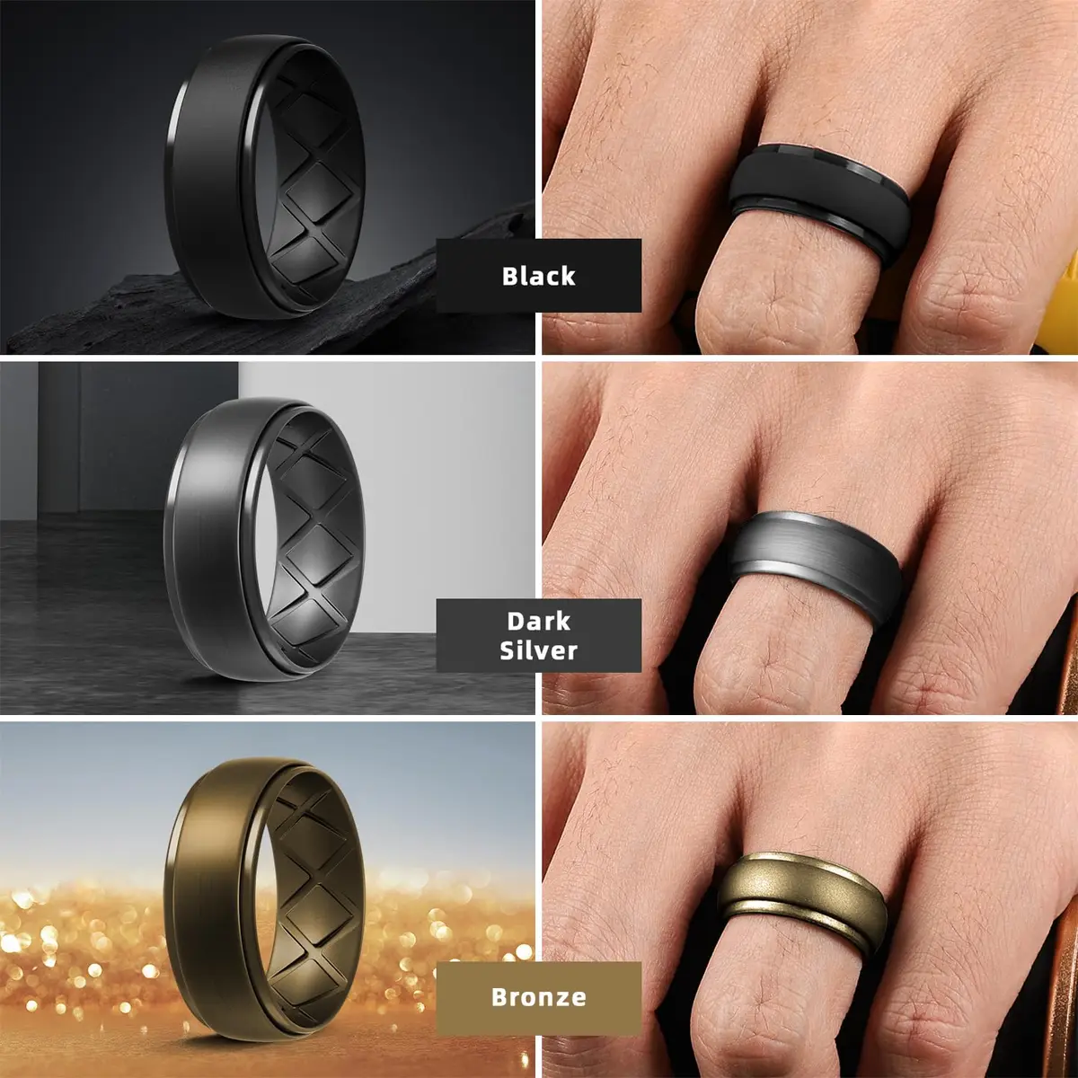 Egnaro Men's Silicone Wedding Ring Set - Size 10 (10mm Wide, 2.5mm Thick) | 7-Pack Breathable Comfort Fit - view 4