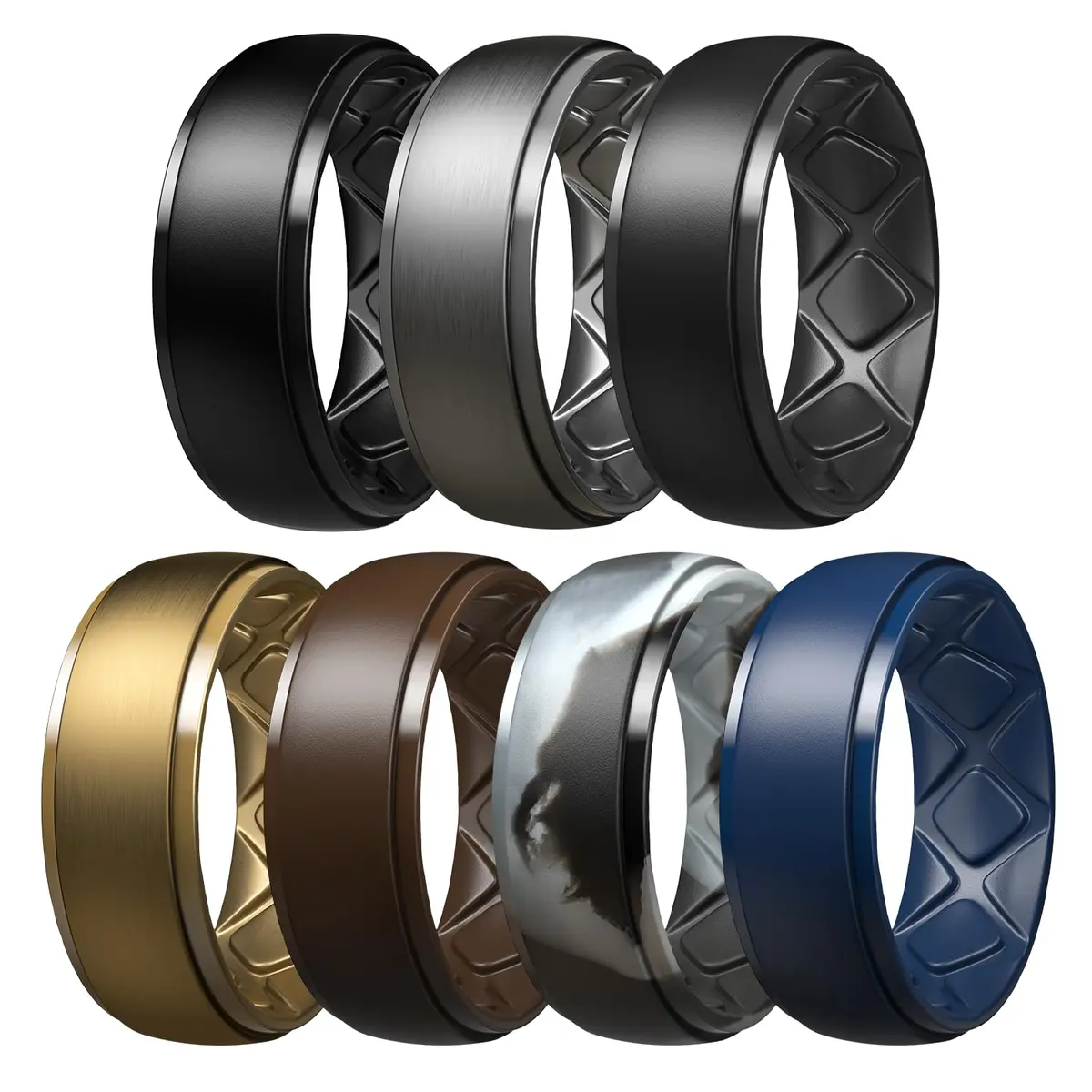 Egnaro Men's Silicone Wedding Ring Set - Size 10 (10mm Wide, 2.5mm Thick) | 7-Pack Breathable Comfort Fit - main product image