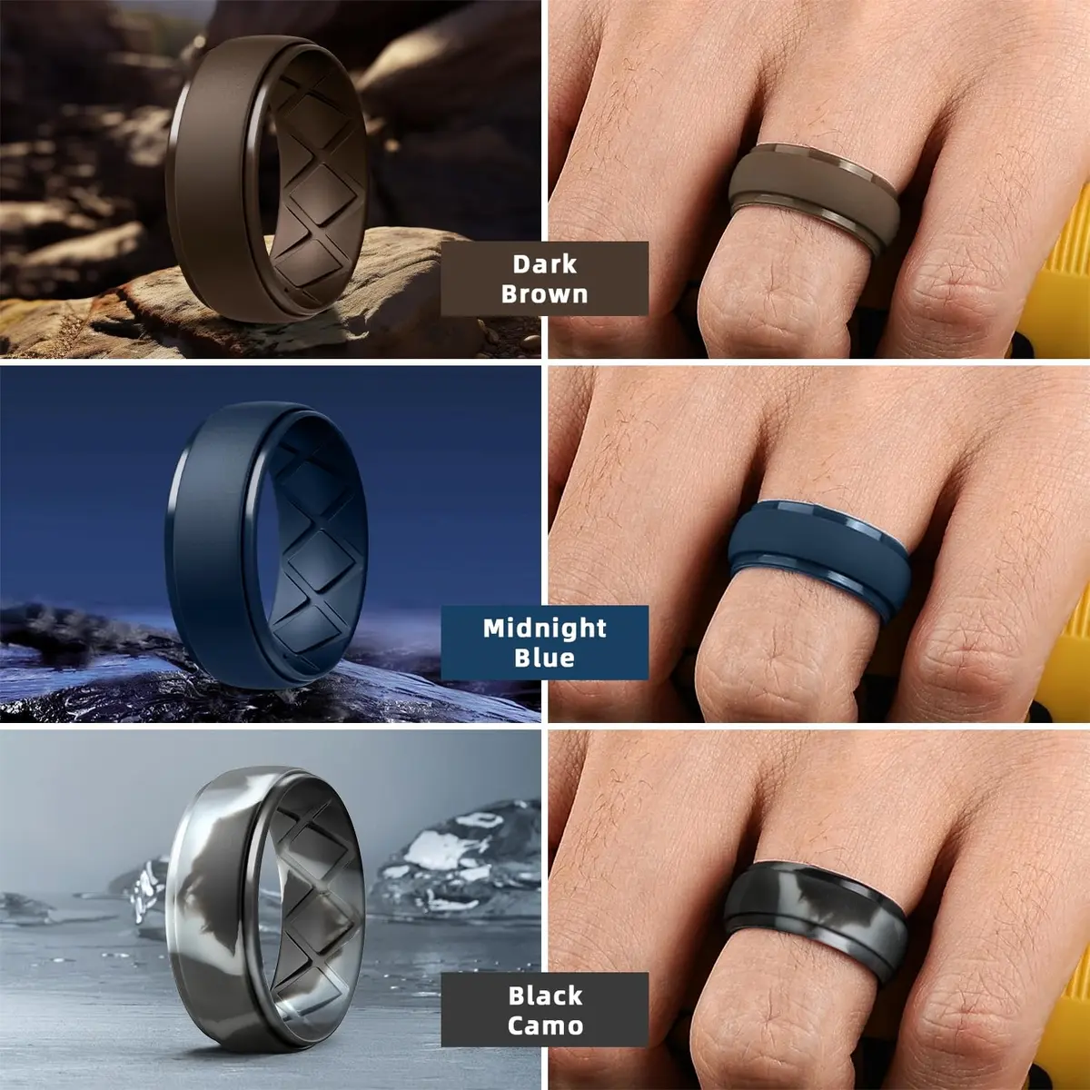 Egnaro Men's Silicone Wedding Ring Set - Size 10 (10mm Wide, 2.5mm Thick) | 7-Pack Breathable Comfort Fit - view 3