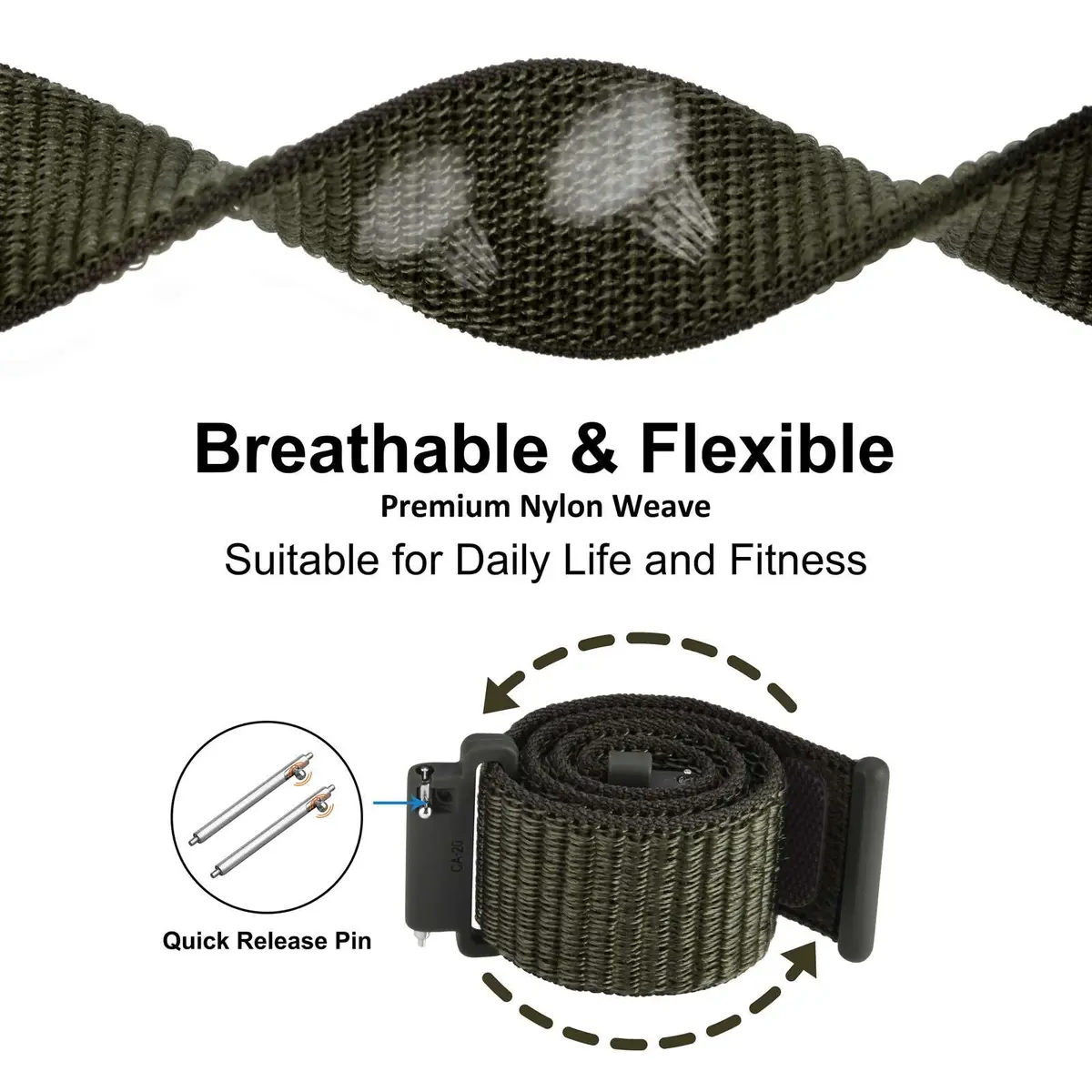 WOCCI 18mm Adjustable Nylon Watch Band | Quick Release Sport Loop Strap (Army Green) - view 3