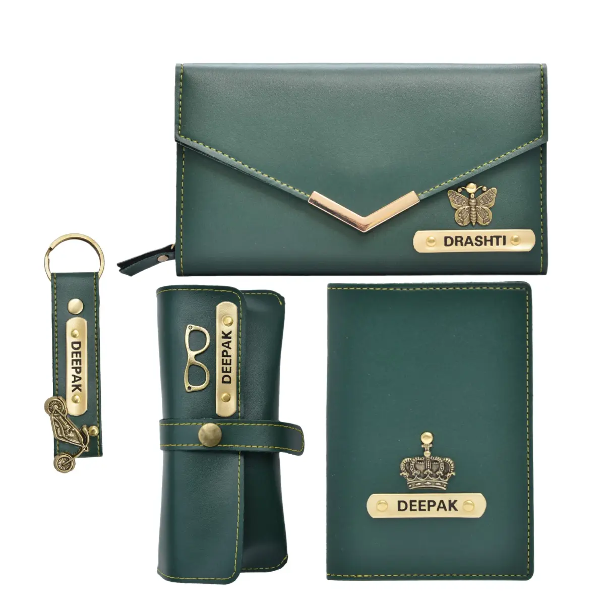 YOUR GIFT STUDIO Personalised Leather Gift Set for Women | Wallet, Passport Cover, Sunglasses Case, Keychain (Green) - main product image