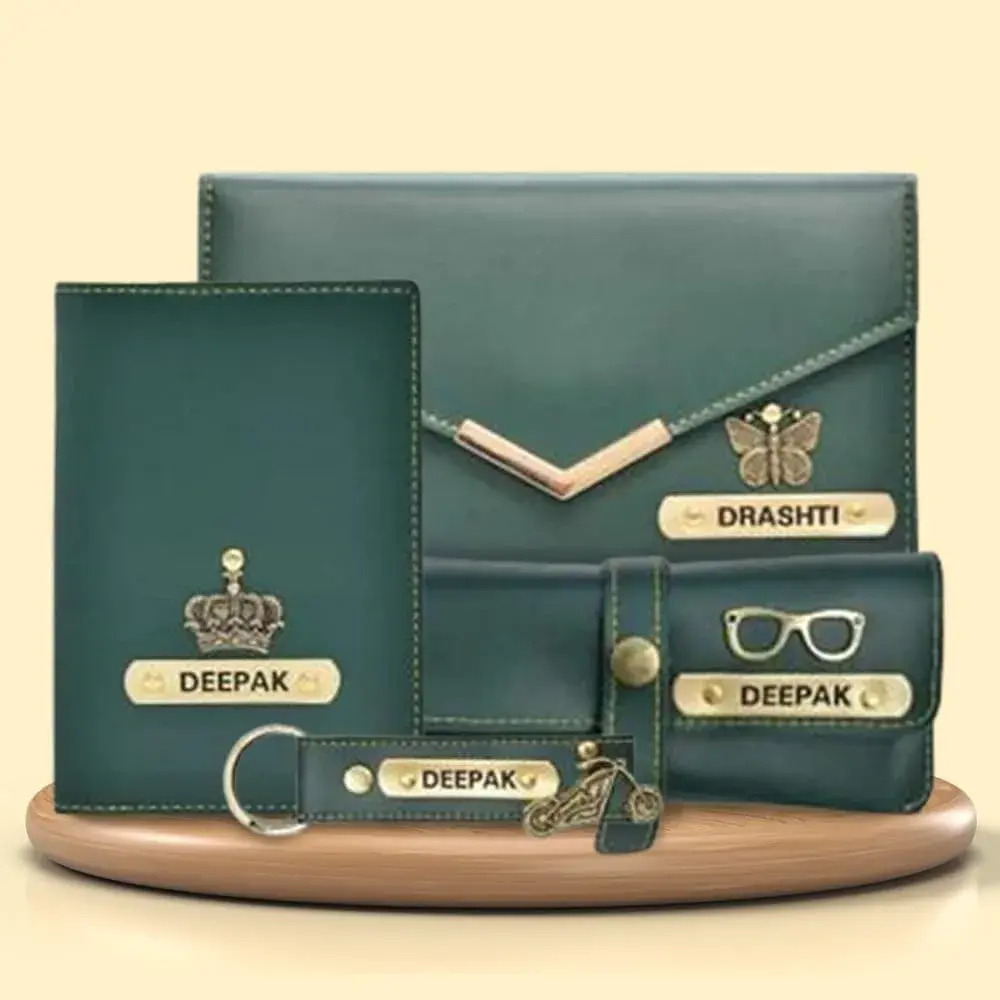 YOUR GIFT STUDIO Personalised Leather Gift Set for Women | Wallet, Passport Cover, Sunglasses Case, Keychain (Green) - view 2