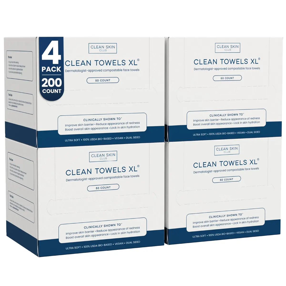 Clean Skin Club Clean Towels XL® Disposable Face Towelettes, 200 Count Value Pack | USDA Biobased Eczema Association Accepted - main product image