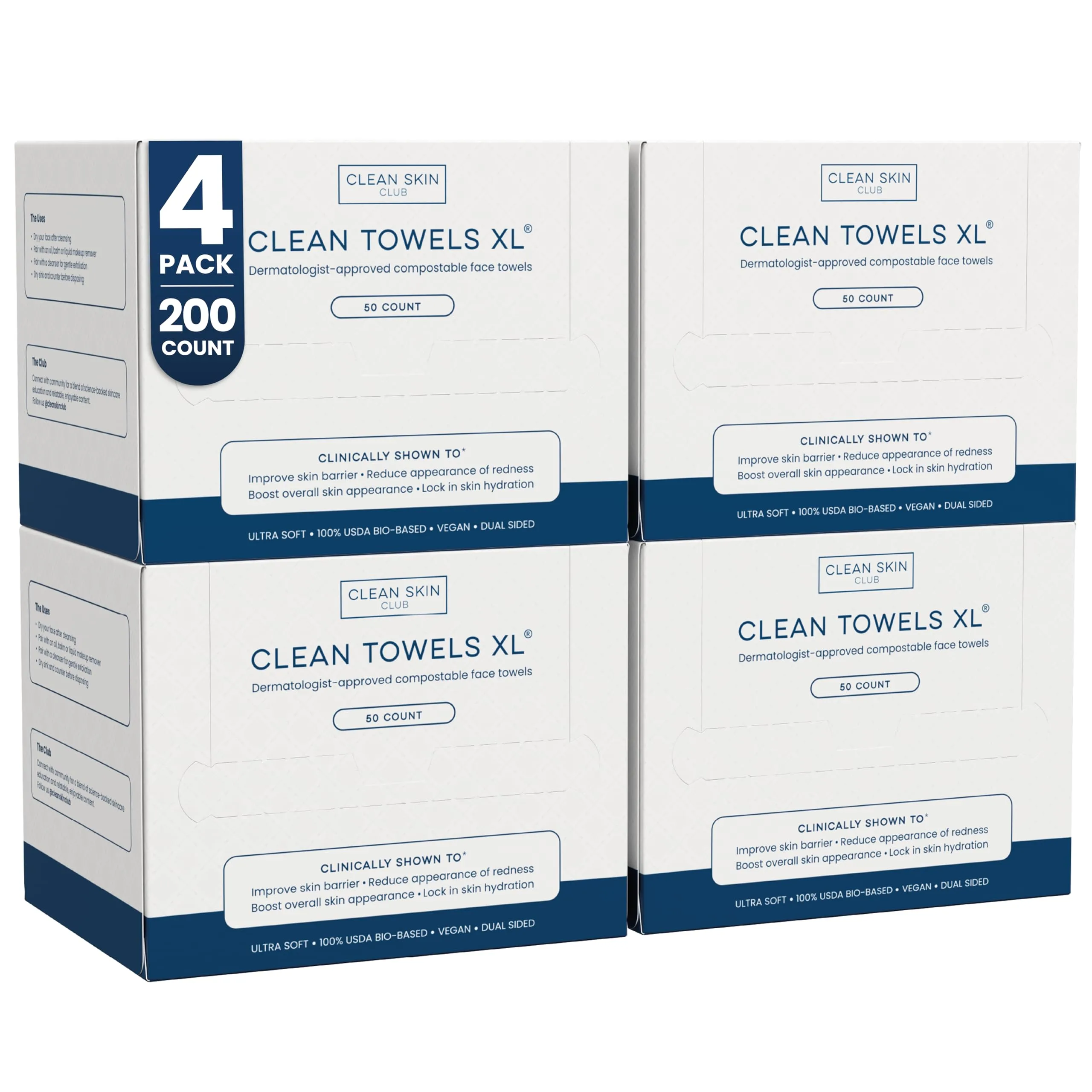 Clean Skin Club Clean Towels XL® Disposable Face Towelettes, 200 Count Value Pack | USDA Biobased Eczema Association Accepted - main product image