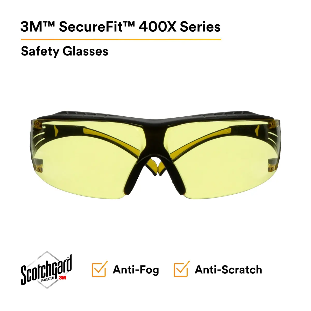 3M Safety Glasses, SecureFit 400, Amber Lens, Yellow/Black Temples | Impact-Resistant, Anti-Fog, Comfortable Fit - view 2