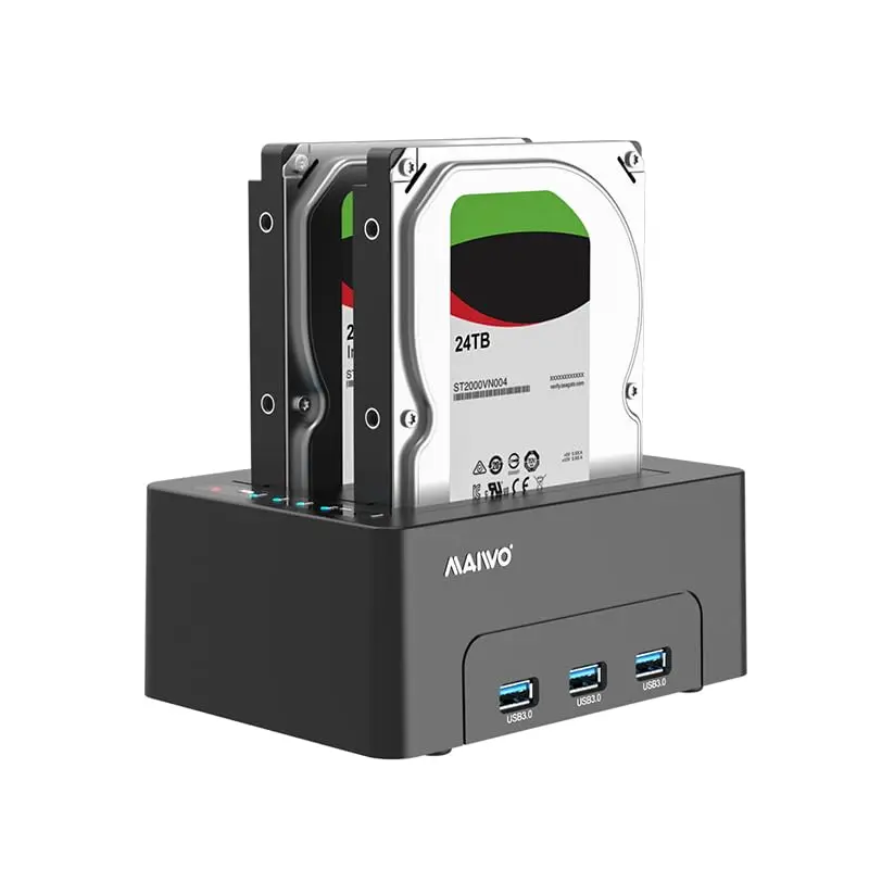 MAIWO Dual Bay Hard Drive Docking Station Cloner 2.5/3.5 Inch SATA HDD SSD | 48TB Capacity, 3x USB 3.0 Hub, 12V 3A Power - main product image