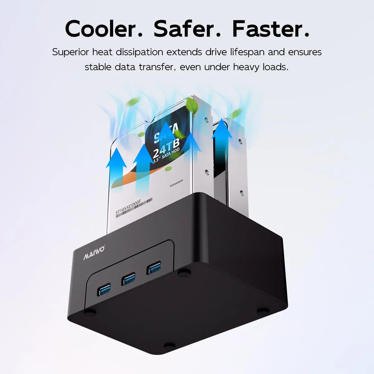 MAIWO Dual Bay Hard Drive Docking Station Cloner 2.5/3.5 Inch SATA HDD SSD | 48TB Capacity, 3x USB 3.0 Hub, 12V 3A Power - view 5