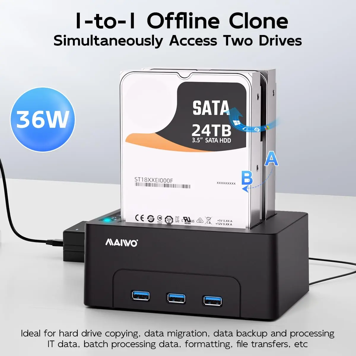 MAIWO Dual Bay Hard Drive Docking Station Cloner 2.5/3.5 Inch SATA HDD SSD | 48TB Capacity, 3x USB 3.0 Hub, 12V 3A Power - view 2