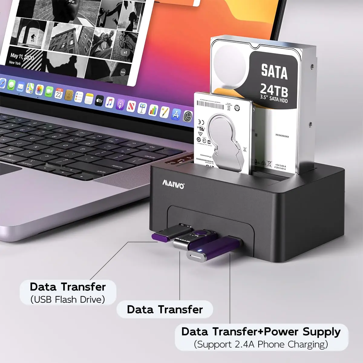 MAIWO Dual Bay Hard Drive Docking Station Cloner 2.5/3.5 Inch SATA HDD SSD | 48TB Capacity, 3x USB 3.0 Hub, 12V 3A Power - view 3