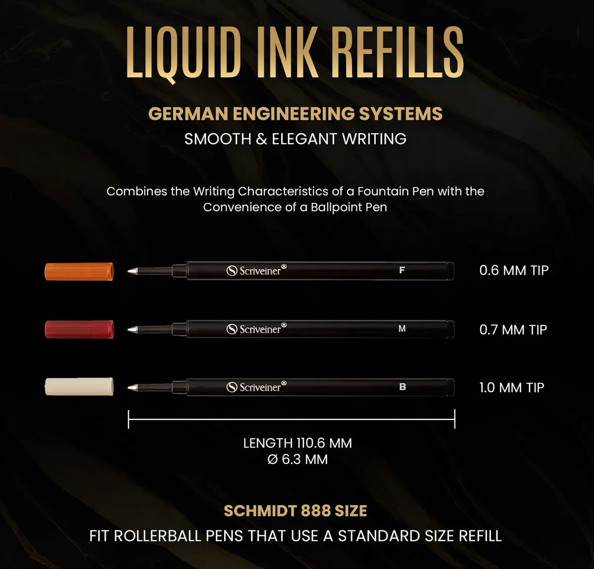 Scriveiner Black Rollerball Pen Refills 4 Pack (11.6cm L x 2.8cm W x 1cm H) | Made in Germany, Schmidt 888 Size - view 5