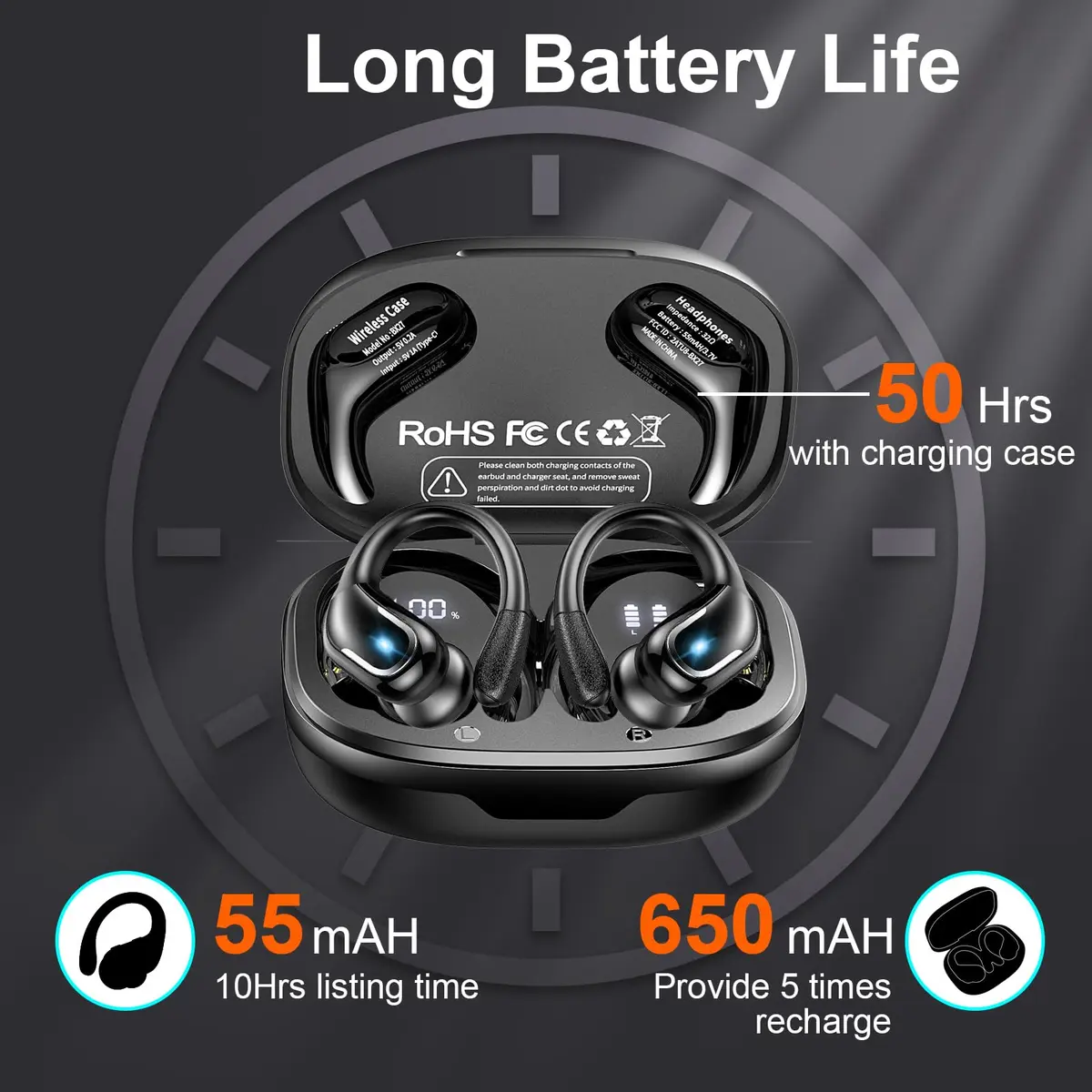 Ltinist Wireless Earbud, Bluetooth 5.3 Headphones with Earhooks, 75H Battery, IP7 Waterproof, Built-in Microphone for Running Sports - view 3