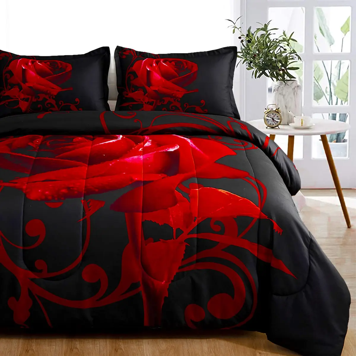 WONGS BEDDING Red Comforter Set Queen Red Rose 3 Pieces Bedding | All Season Microfiber Comforter with Elegant Rose Pattern - main product image