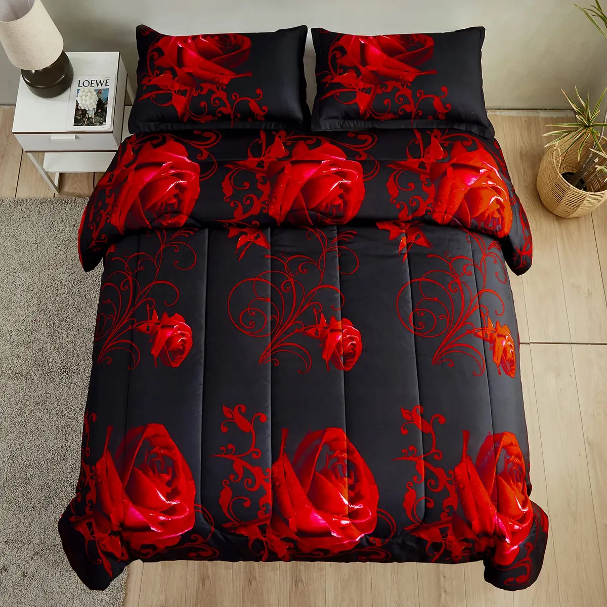 WONGS BEDDING Red Comforter Set Queen Red Rose 3 Pieces Bedding | All Season Microfiber Comforter with Elegant Rose Pattern - view 5
