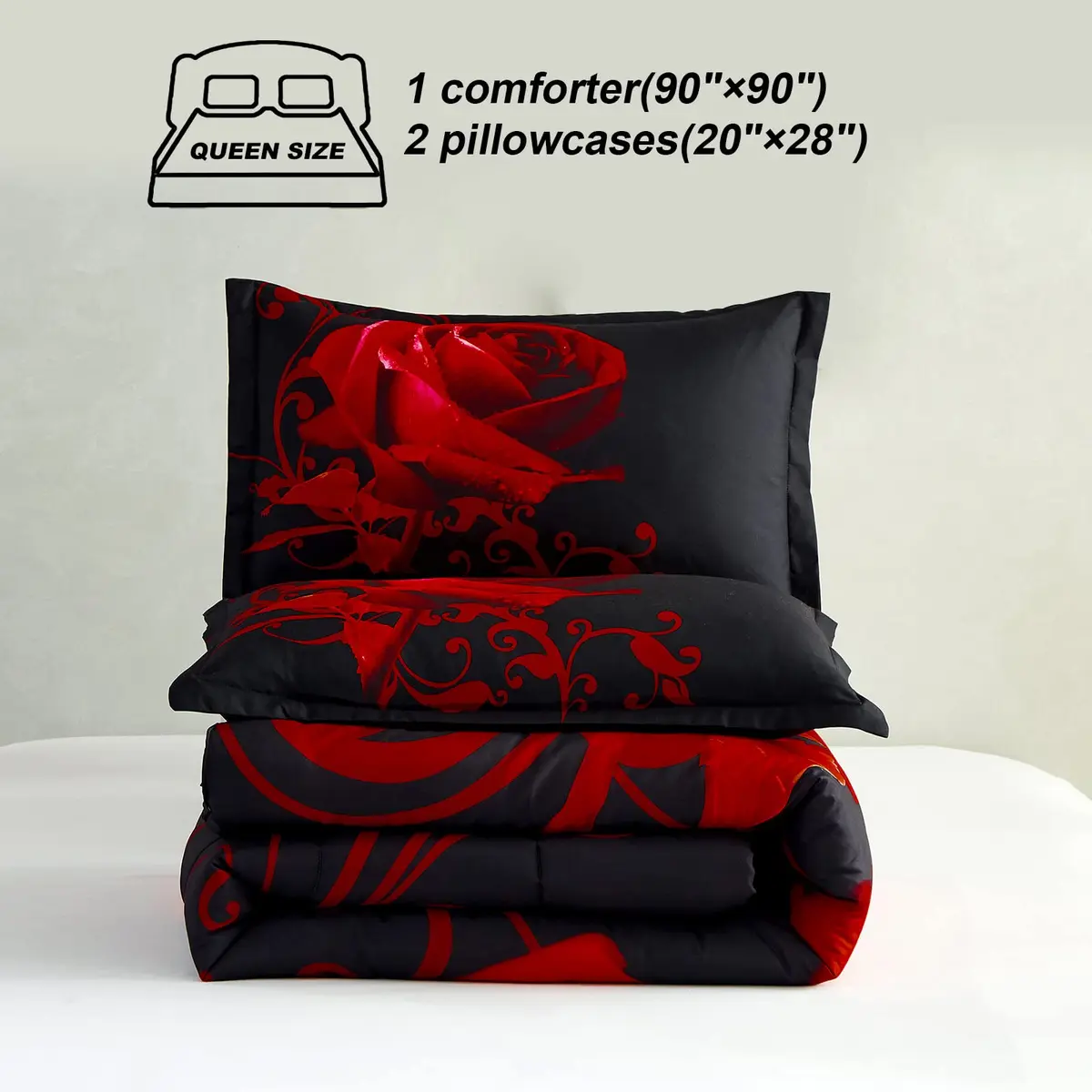WONGS BEDDING Red Comforter Set Queen Red Rose 3 Pieces Bedding | All Season Microfiber Comforter with Elegant Rose Pattern - view 6