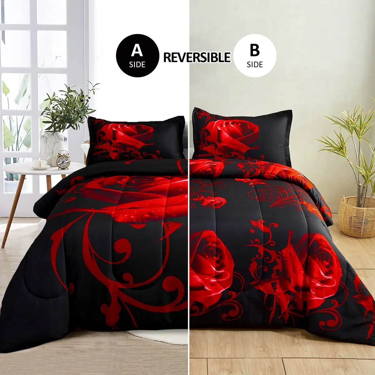 WONGS BEDDING Red Comforter Set Queen Red Rose 3 Pieces Bedding | All Season Microfiber Comforter with Elegant Rose Pattern - view 2