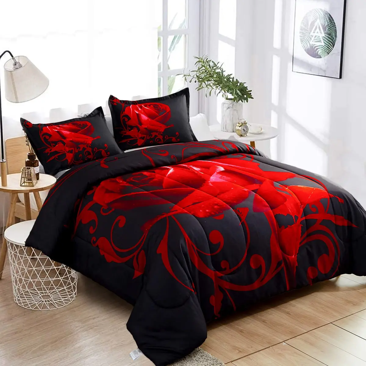 WONGS BEDDING Red Comforter Set Queen Red Rose 3 Pieces Bedding | All Season Microfiber Comforter with Elegant Rose Pattern - view 3