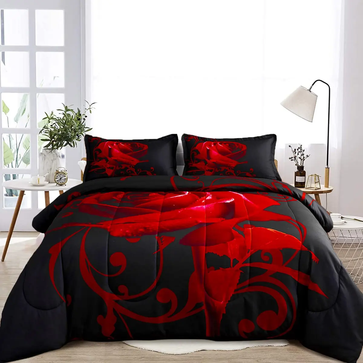 WONGS BEDDING Red Comforter Set Queen Red Rose 3 Pieces Bedding | All Season Microfiber Comforter with Elegant Rose Pattern - view 4